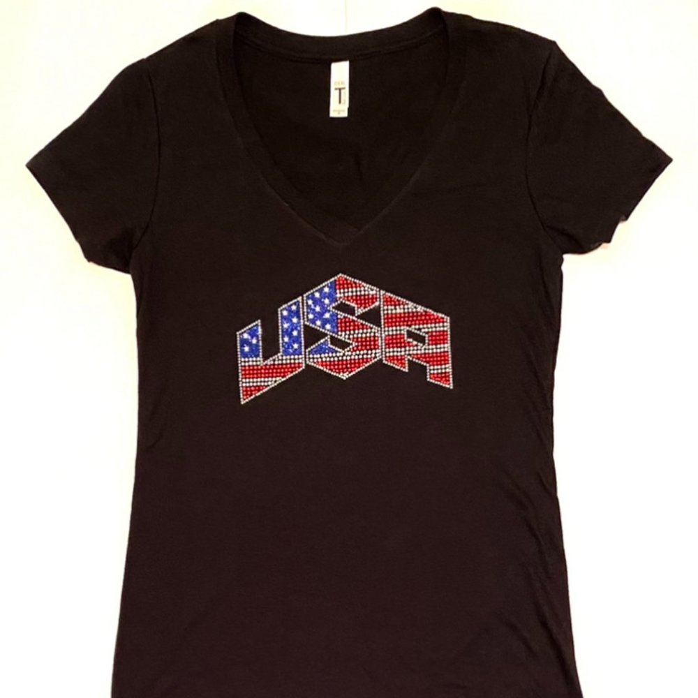 USA Word Patriotic Sparkling Bling Rhinestone Women's Black V-Neck Shirt